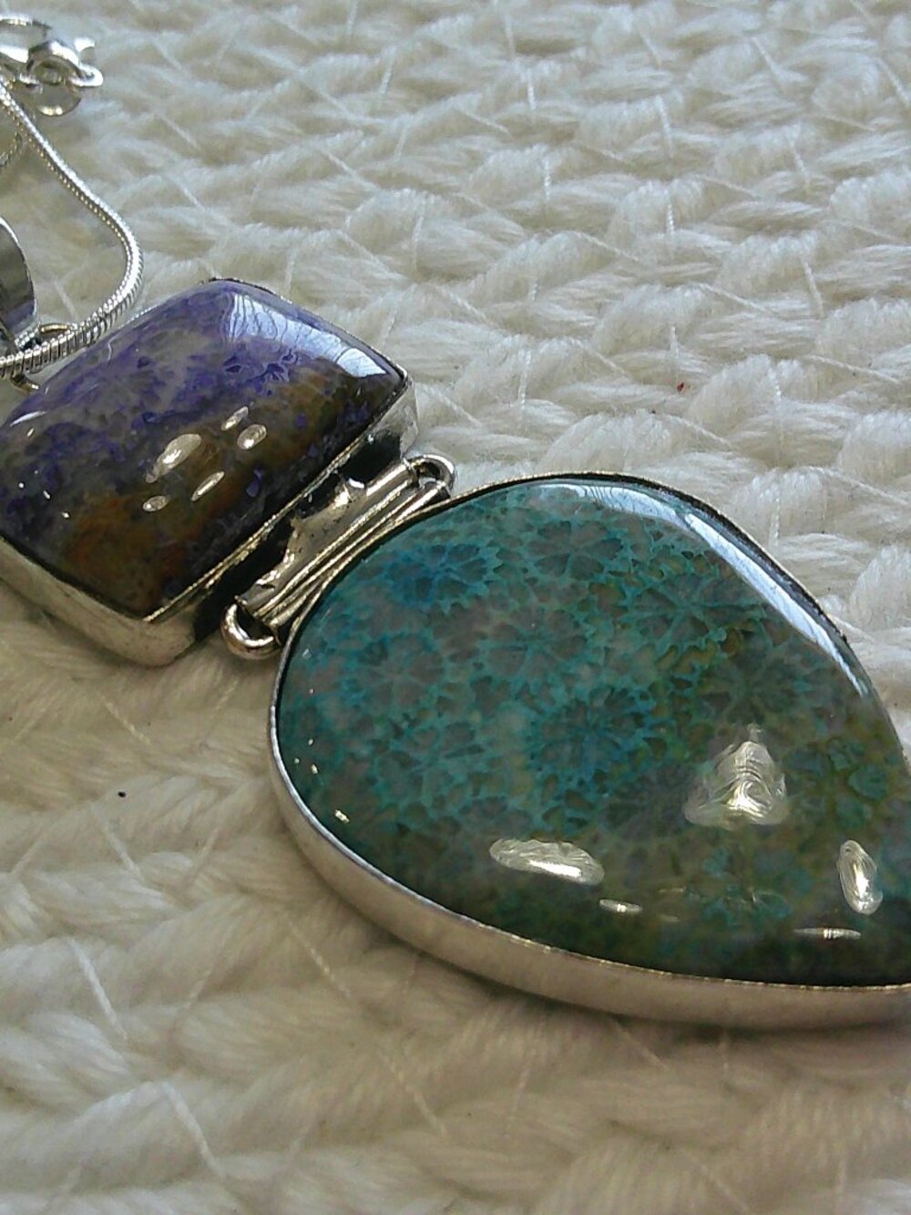 Gorgeous PURPLE & TEAL FOSSIL CORAL Handmade Sterling 925 Pendant/Chain #79F
